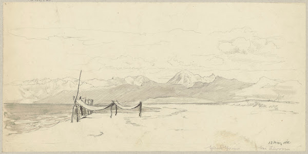 Fragment of seashore in the vicinity of Livorno with fishing nets stretched out