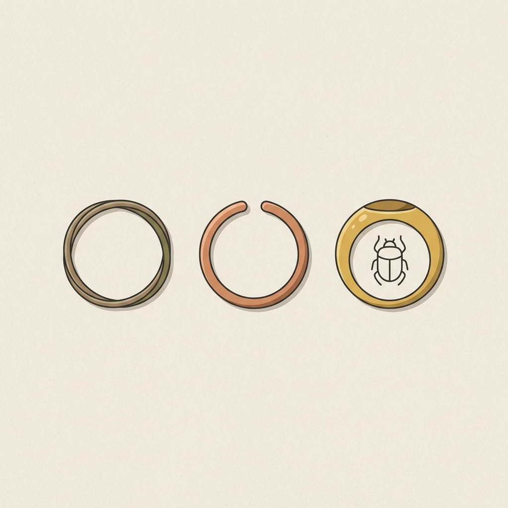 Minimal 2D vector illustration of three ancient egyptian engagement rings on archival paper showing reed loop copper alloy hoop and gold intaglio ring in Aurora Antiqua color palette