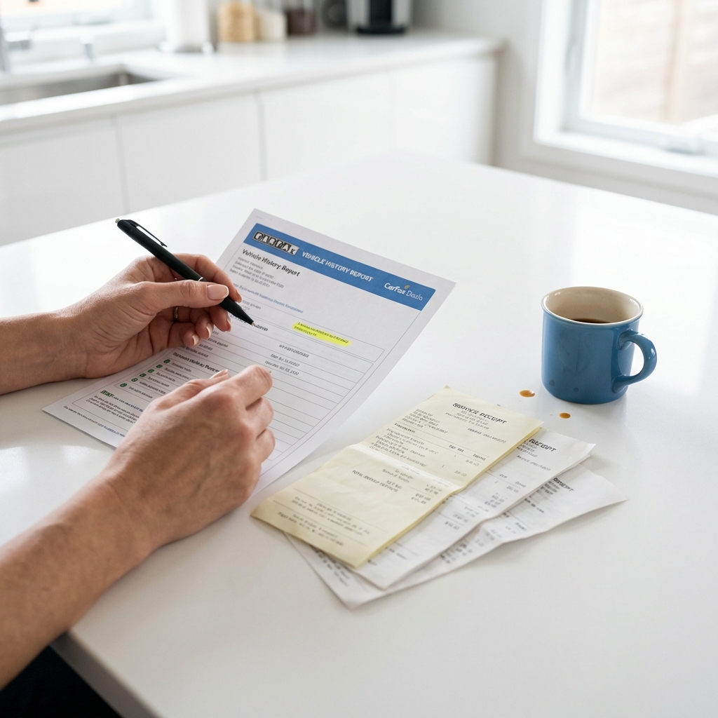Close up of a printed vehicle history report and service receipts on a white kitchen table hands holding a pen reviewing documents to estimate trade in value car