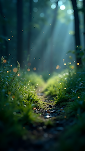 Ethereal Forest Path with Fireflies and Sunbeams
