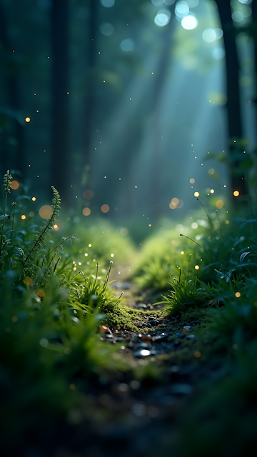 Ethereal Forest Path with Fireflies and Sunbeams - Free mobile Wallpaper
