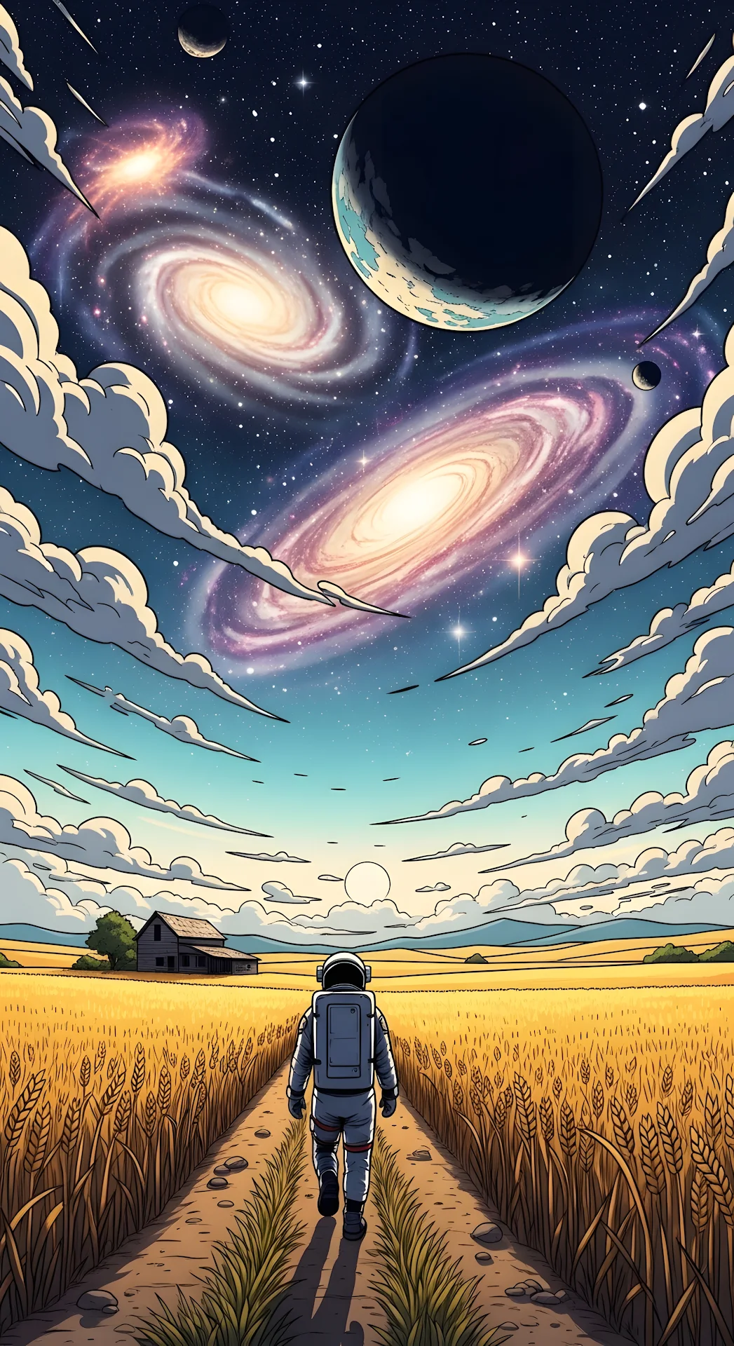Comic Astronaut in Wheat Field Under Dual Galaxies - Free 4K mobile Wallpaper