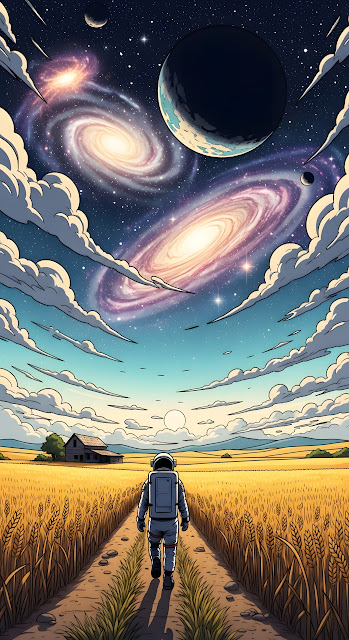 Comic Astronaut in Wheat Field Under Dual Galaxies - Free mobile Wallpaper