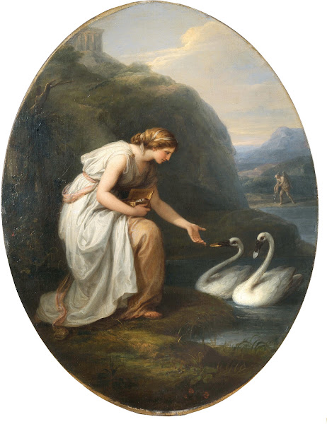 Immortalia the nymph of immortality receiving nameplates from two swans