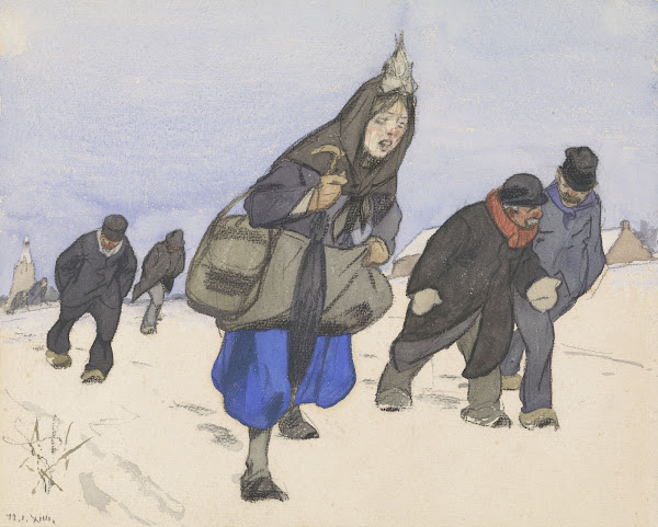Oorlogsvluchtelingen in de sneeuw 1914
