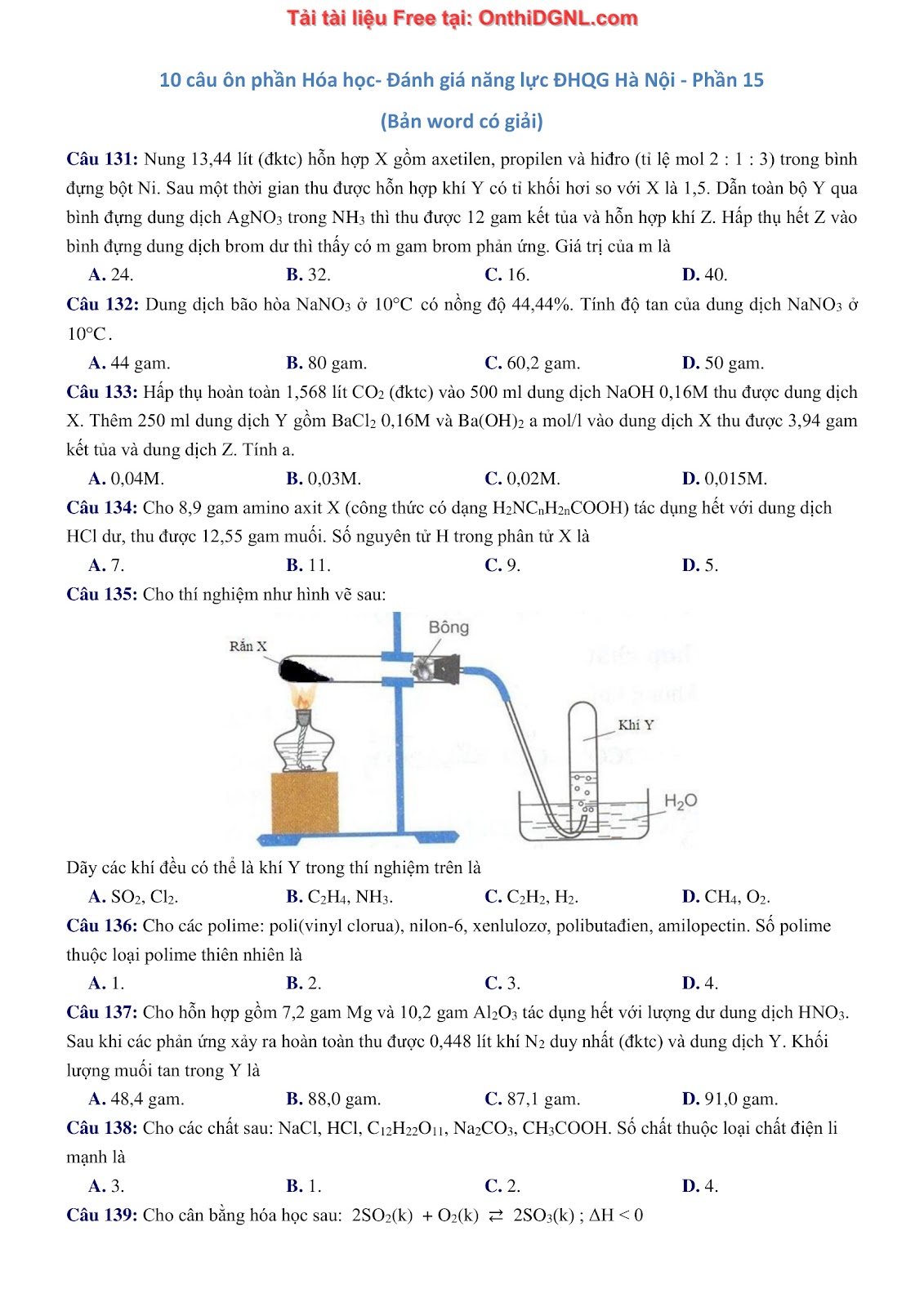 260 bài tập môn Hóa học - Ôn thi ĐGNL ĐHQG Hà Nội Phần 15