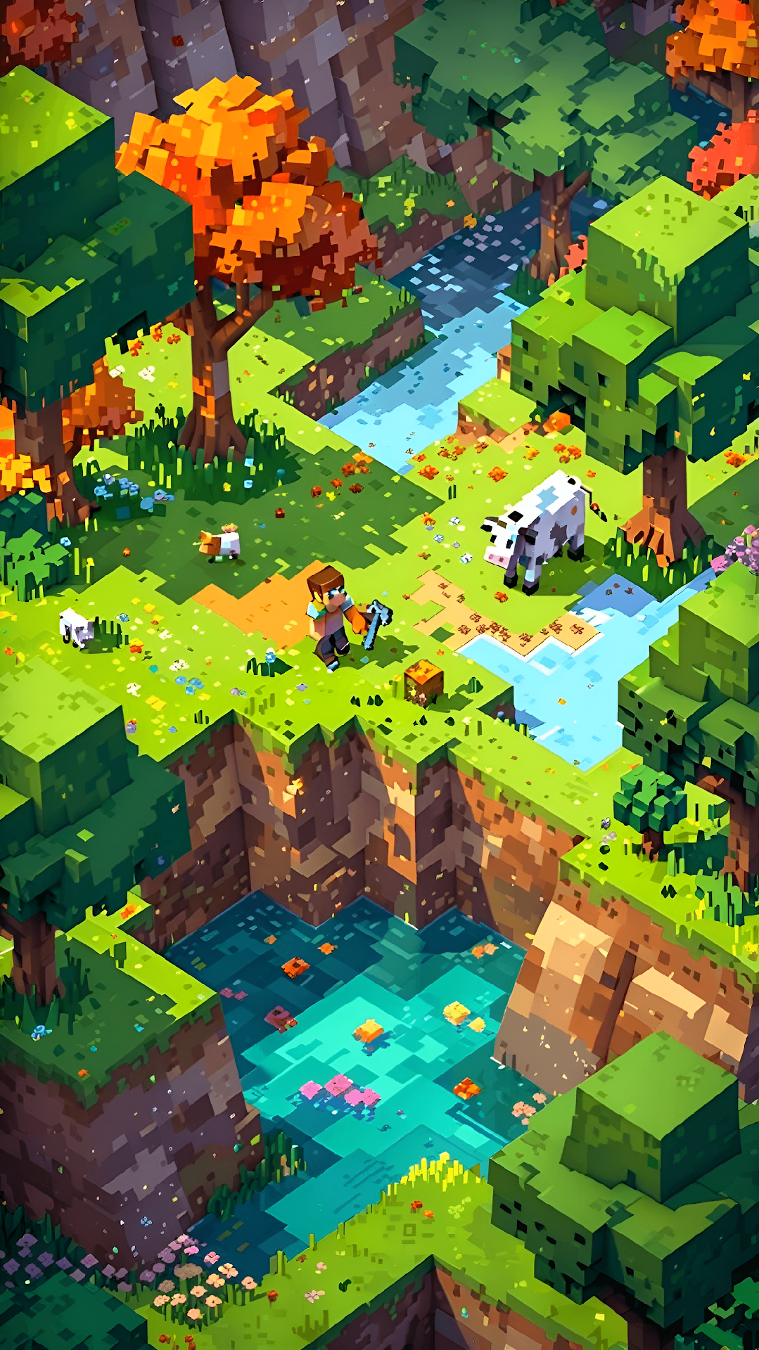 Isometric Voxel Landscape Art Featuring Steve and Autumn Forest - Free 4K mobile Wallpaper