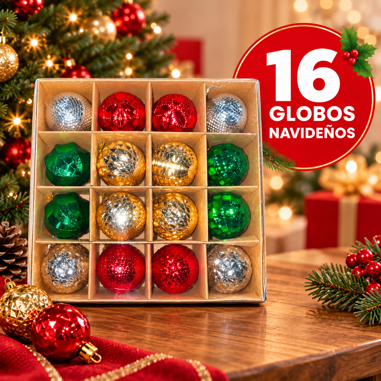 Caja de 16 bolas navideñas medianas brillantes