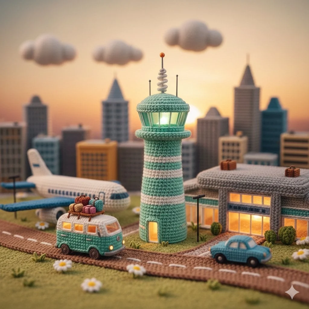 Un diorama en miniatura muy detallado, hecho completamente de ganchillo e hilo de amigurumi, de estilo caprichoso y adorable...