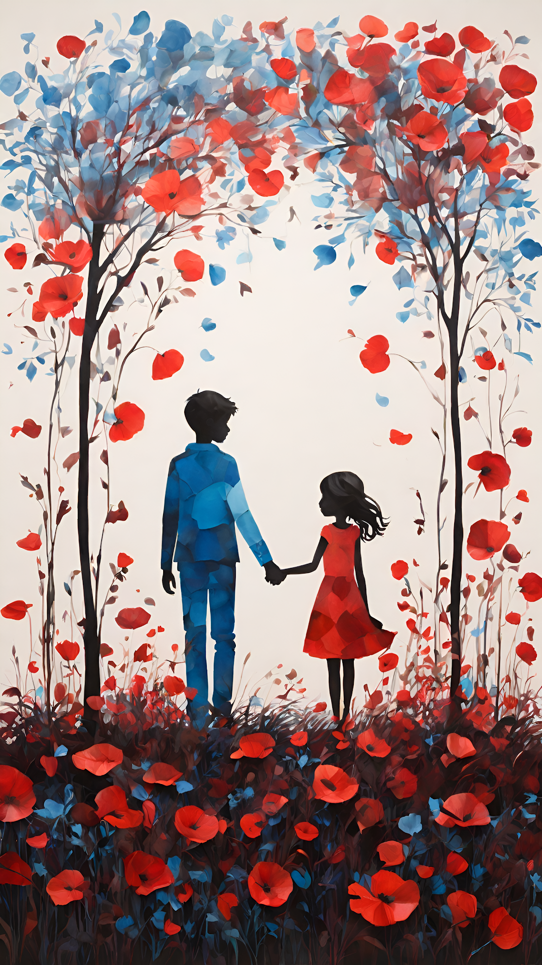 Silhouetted Couple Holding Hands in Red and Blue Poppy Field - Free 4K mobile Wallpaper