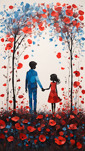 Silhouetted Couple Holding Hands in Red and Blue Poppy Field