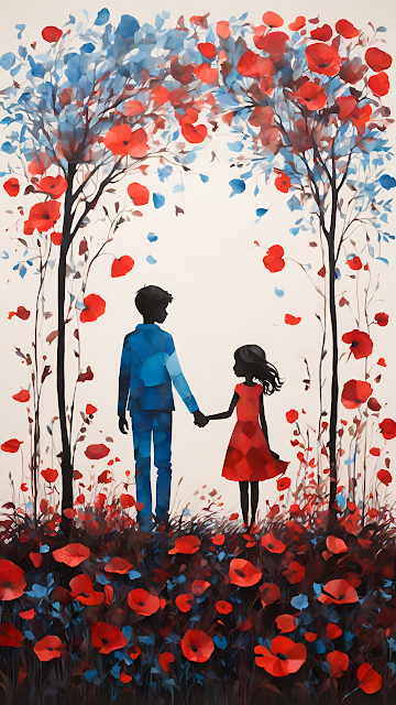 Silhouetted Couple Holding Hands in Red and Blue Poppy Field - Free mobile Wallpaper