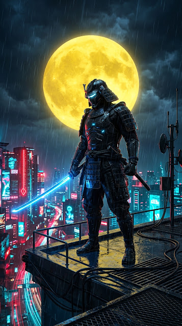 Cyberpunk Samurai on a Rainy Skyscraper Roof at Night - Free mobile Wallpaper