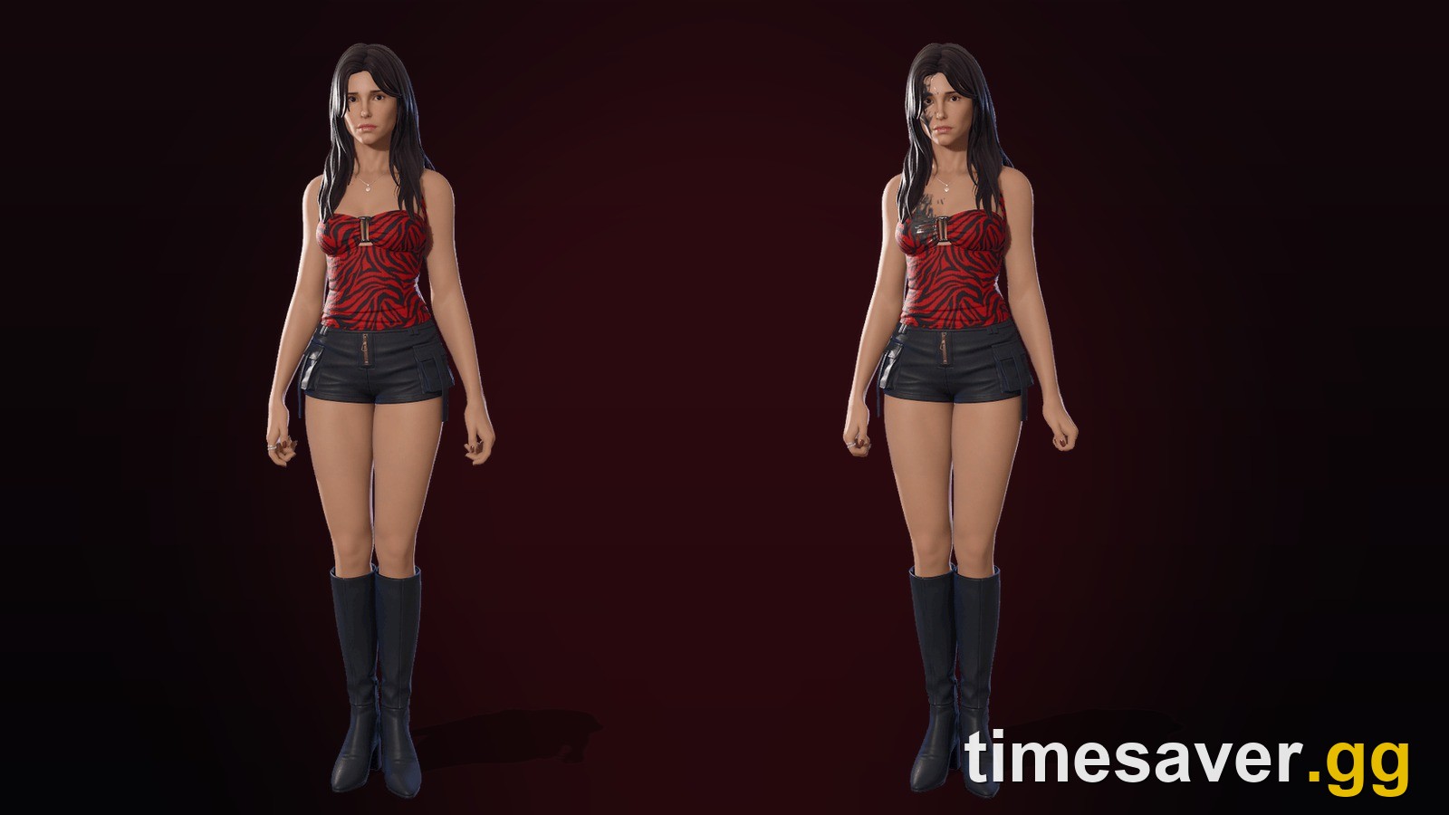 Nikki Fortnite skin with the Splatter style off and on, side by side