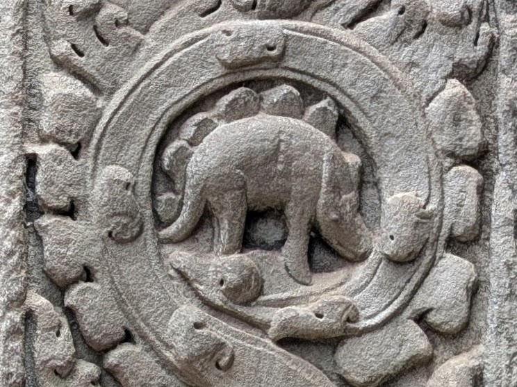 A stone carving on a temple wall that appears to resembles a
                 stegosaurus or some other unknown creature