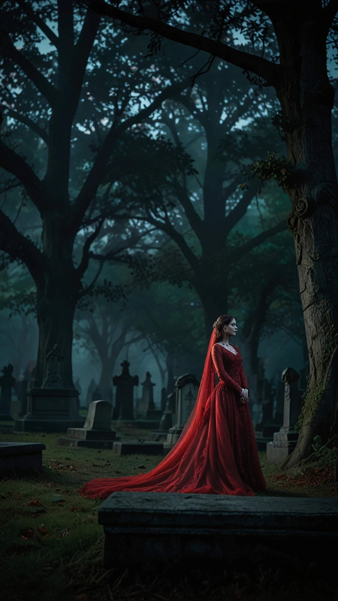 Mysterious Woman in Red Dress in Foggy Cemetery - Free 4K mobile Wallpaper