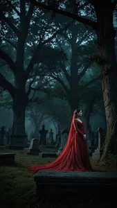 Mysterious Woman in Red Dress in Foggy Cemetery