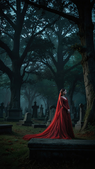 Mysterious Woman in Red Dress in Foggy Cemetery - Free mobile Wallpaper