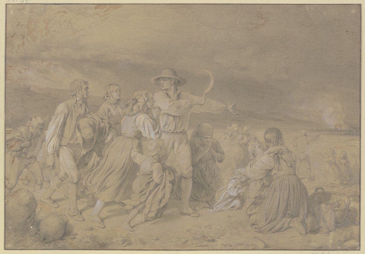 Schnitter auf dem Felde entdecken eine Feuersbrunst im nahen Dorfe 1842