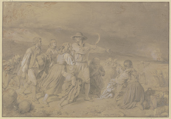 Schnitter auf dem Felde entdecken eine Feuersbrunst im nahen Dorfe 1842