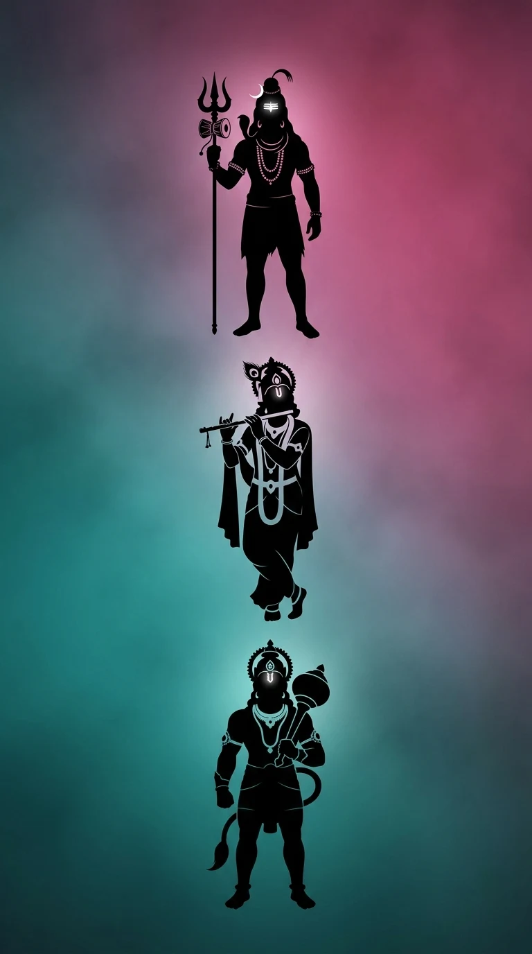 Silhouetted Hindu Deities Shiva Krishna and Hanuman on Gradient Background - Free 4K mobile Wallpaper
