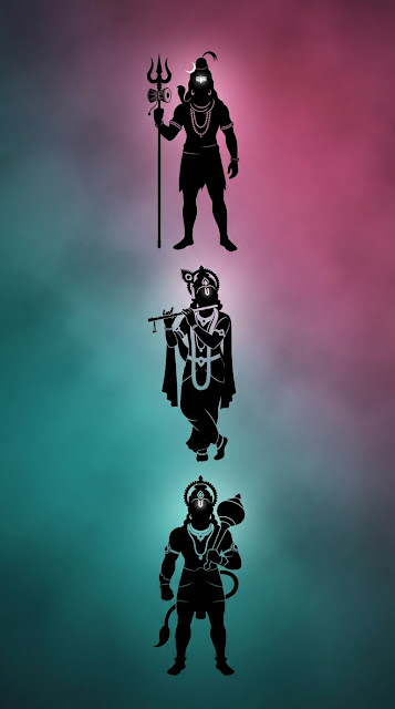 Silhouetted Hindu Deities Shiva Krishna and Hanuman on Gradient Background - Free mobile Wallpaper