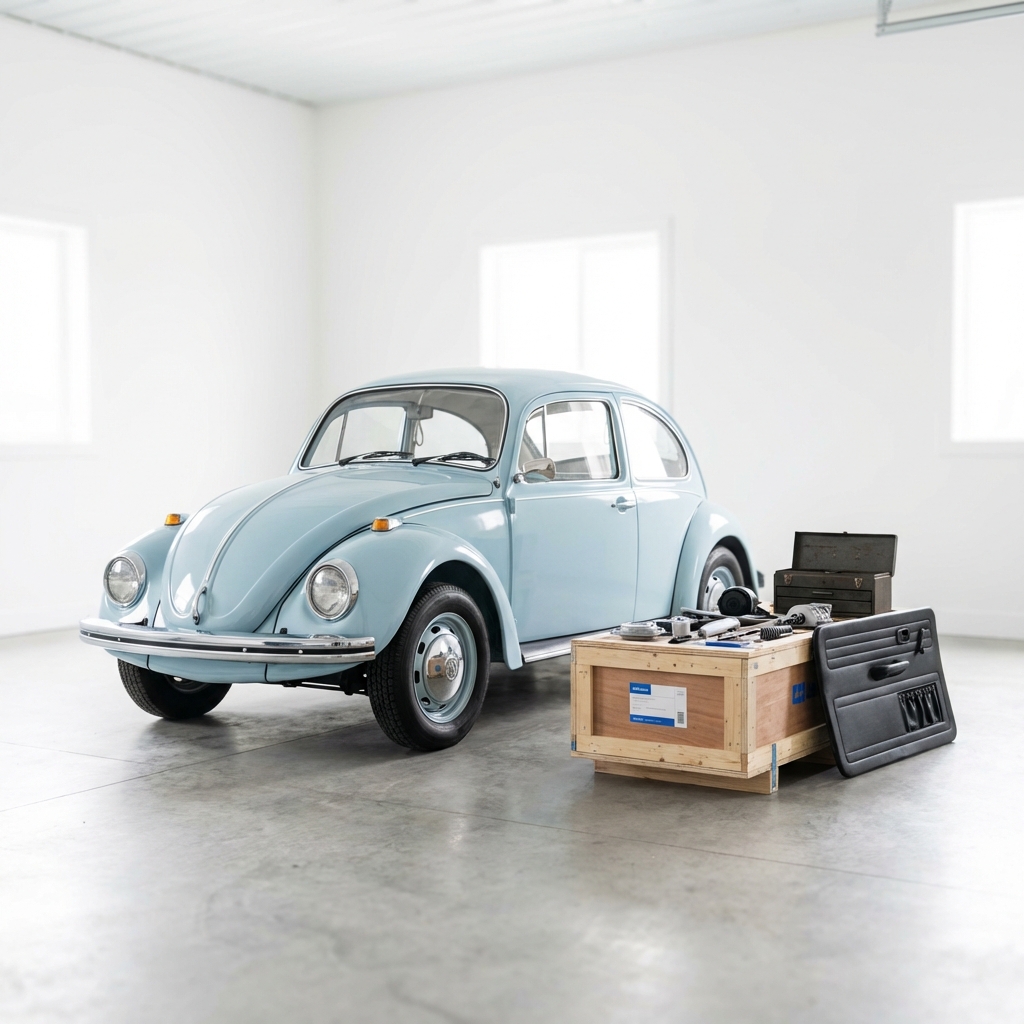 1970 air cooled volkswagen beetle for sale in a clean white garage beside a crate of labeled parts showing a reproduction door panel and mechanical components