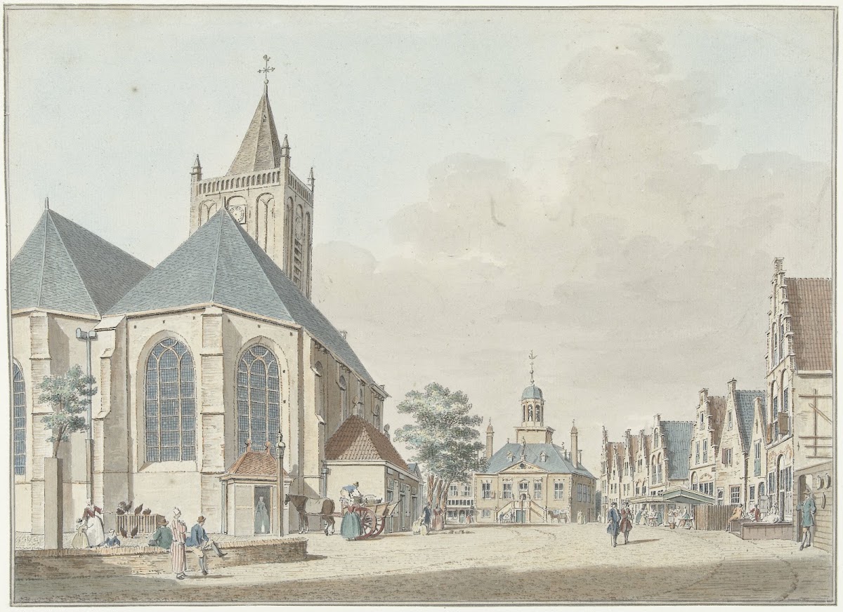 De markt te Vlaardingen met de kerk en het stadhuis 1737   1779