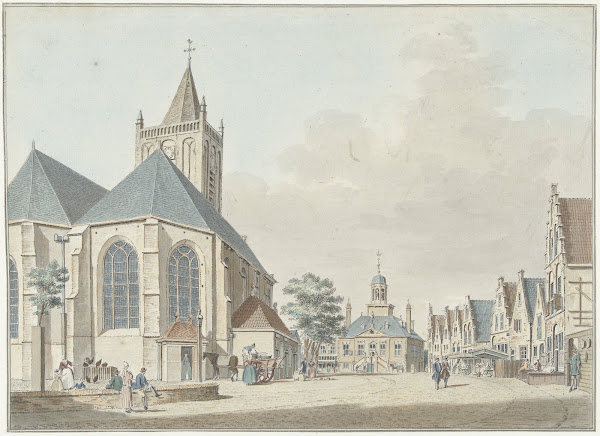 De markt te Vlaardingen met de kerk en het stadhuis 1737   1779