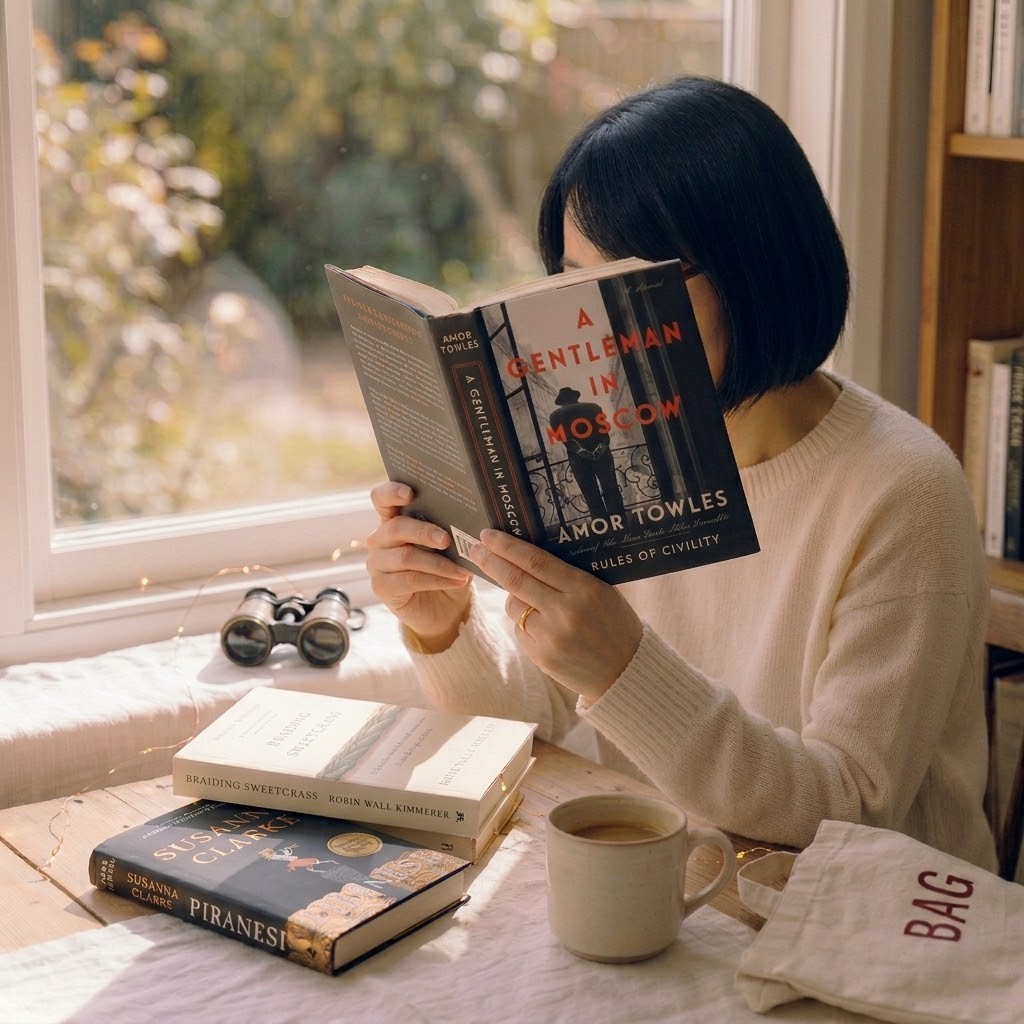 A stack of spring books beside a mug on a linen surface in warm light