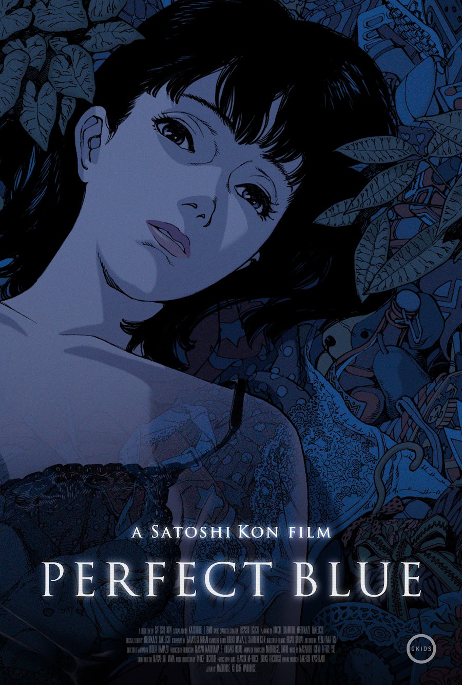 Perfect Blue poster: Mima lying among scattered belongings, tinted blue. A Satoshi Kon film.