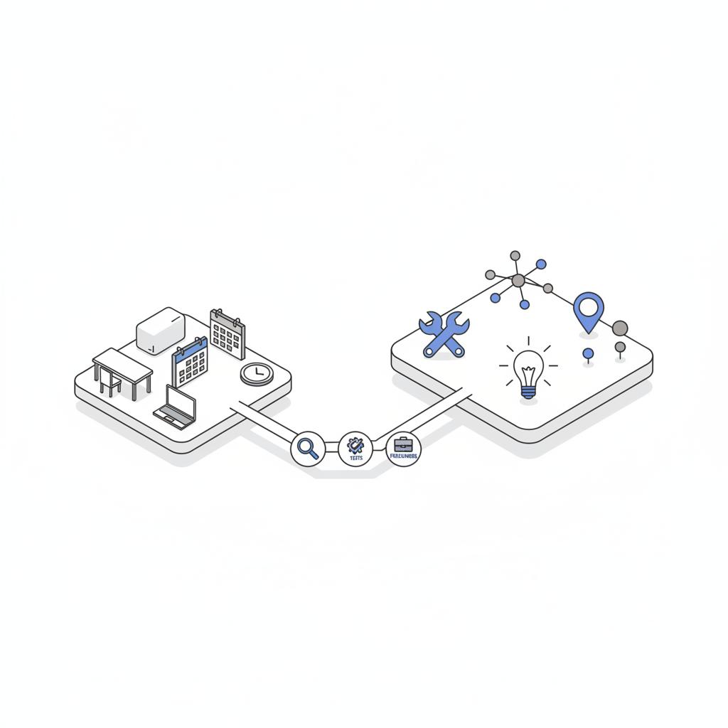 Isometric 2D vector showing two islands linked by a bridge illustrating the disadvantage of using an in-house advertising agency: internal team icons on one island and external agency icons on the other.