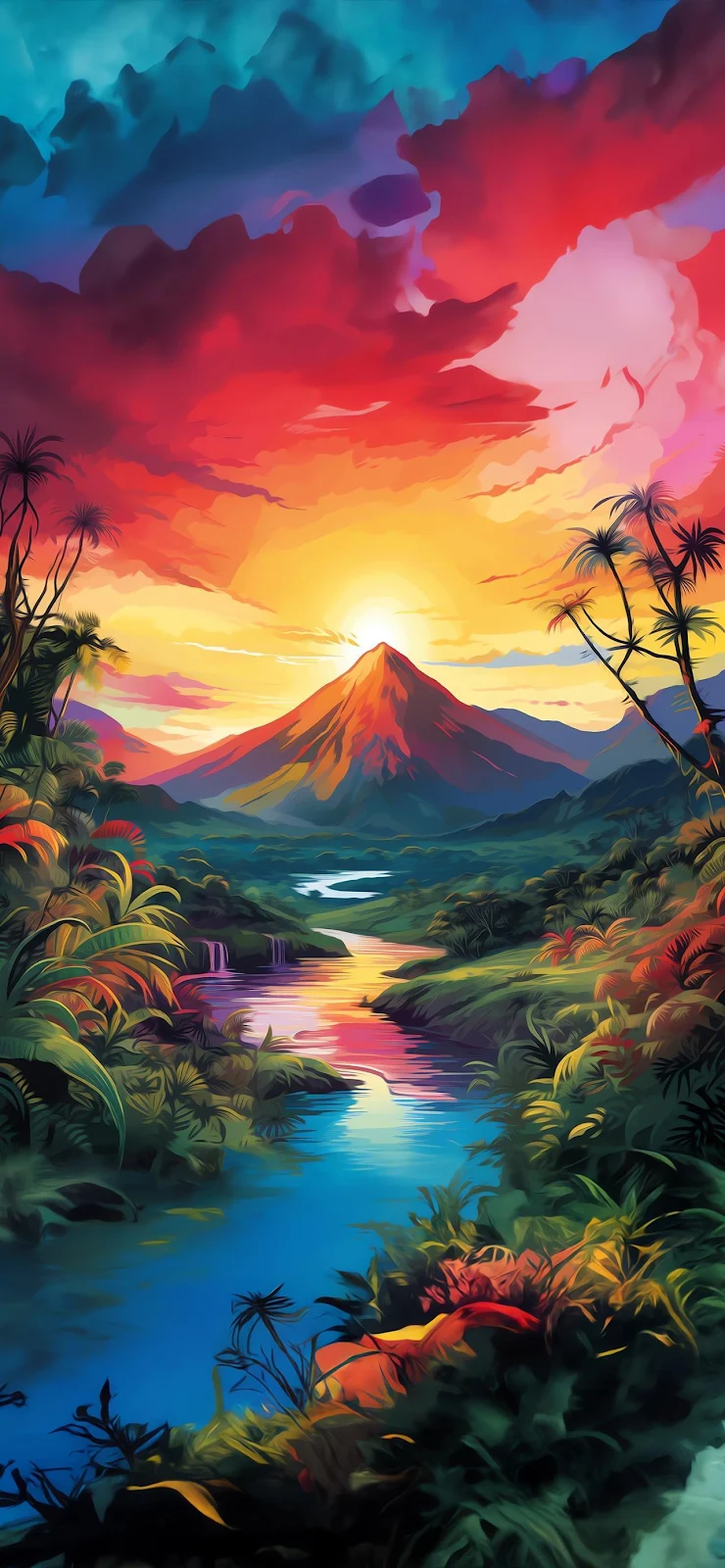 Vibrant Tropical Volcano Valley - Digital Illustration Full HD iPhone Wallpaper (1284x2778)