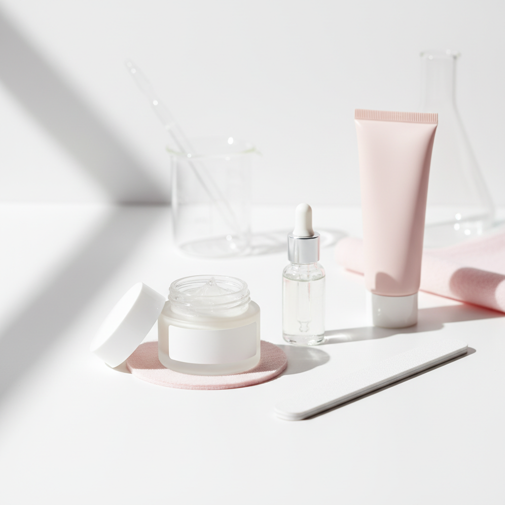 Nahaufnahme eines minimalistischen Morgen-Beauty-Rituals auf weißer Ablage mit Nagelserum, Nagelhautöl, Nagelfeile und pastellrosa Akzenten für weiche Fingernägel