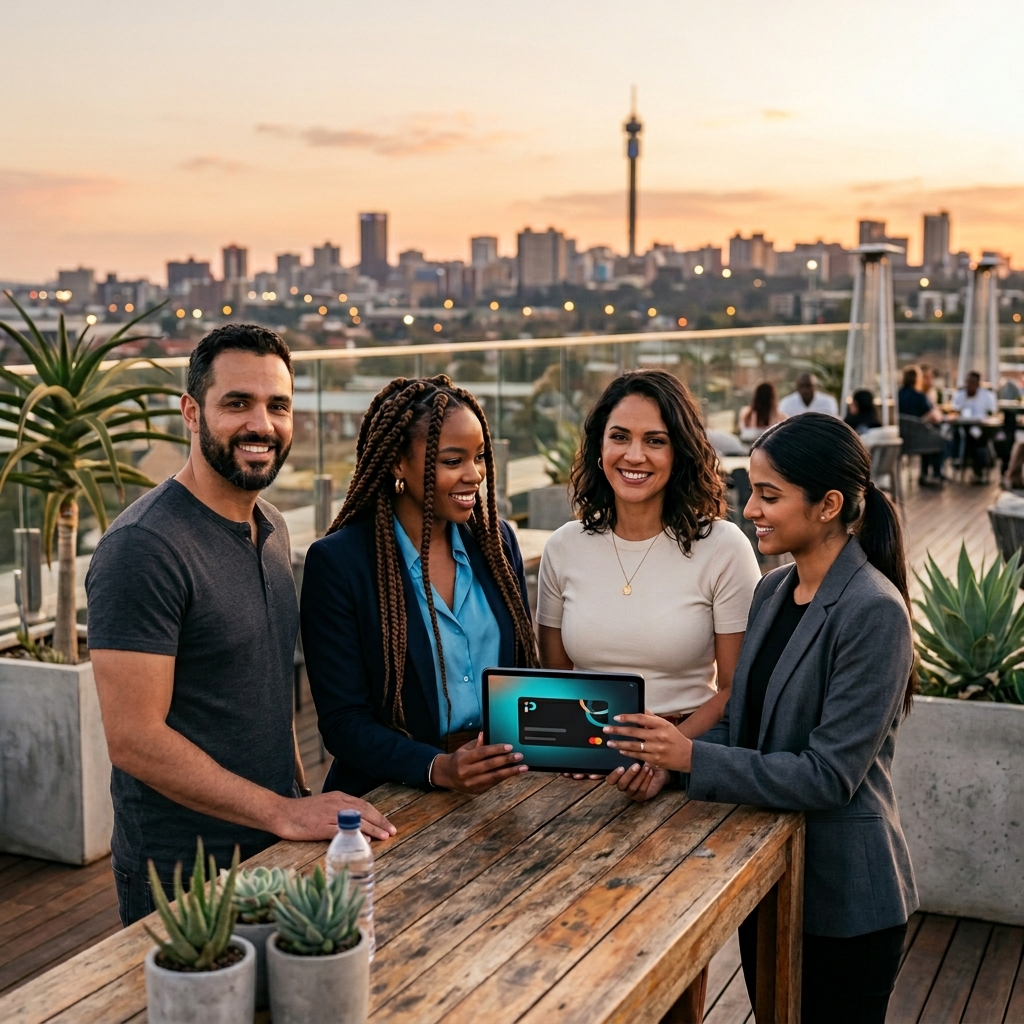 Money Plug team. Rowen, Bonang, Jade and Nikita on a Boksburg rooftop at golden hour with the Joburg skyline behind them.