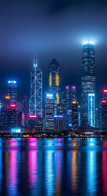 Cyberpunk City Skyline Reflected in Neon Water at Night - Free mobile Wallpaper