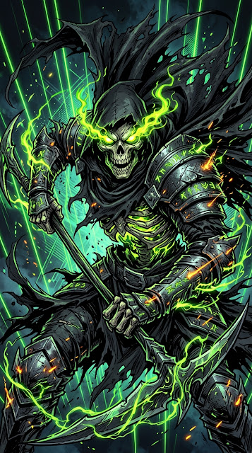 Skeleton Warrior in a Dark Cloak with Glowing Green Energy - Free mobile Wallpaper