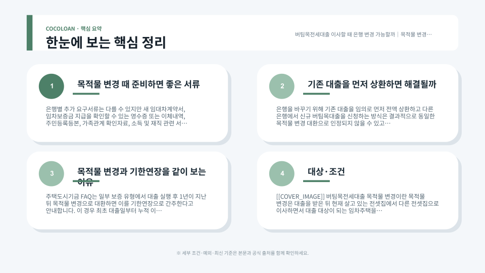 버팀목전세대출 목적물 변경 시 기존 은행에서 진행해야 하는 절차와 타행 대환 불가 기준을 정리한 본문 이미지