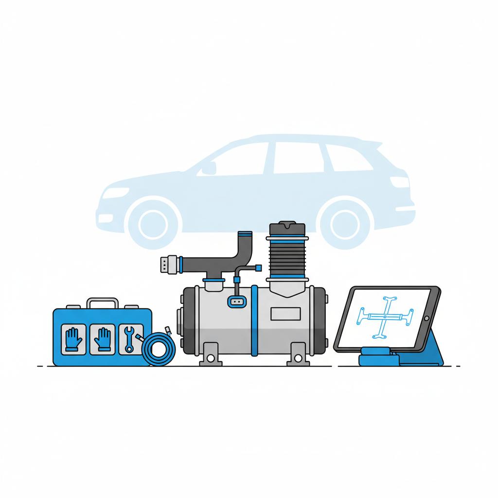 Minimalist 2D vector of a garage workbench with an air suspension compressor diagnostic tablet and SUV silhouette suggesting audi q7 for sale