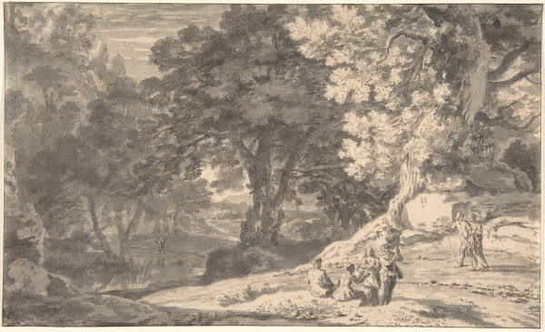 A Wooded Landscape with Travellers by the Roadside a Stream beyond 17th century