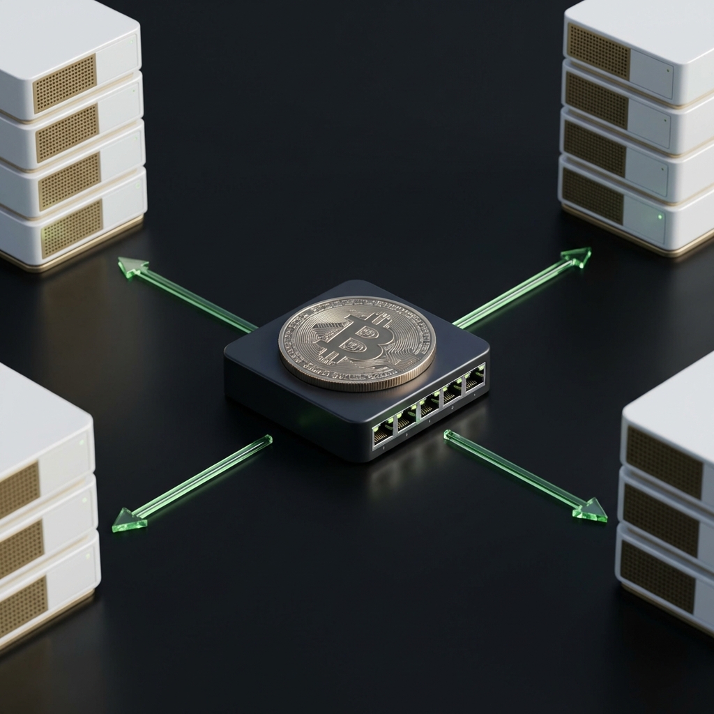 Close up coin in market showing a Bitcoin node with green settlement arrows to three exchange servers on a near black background with green and gold accents