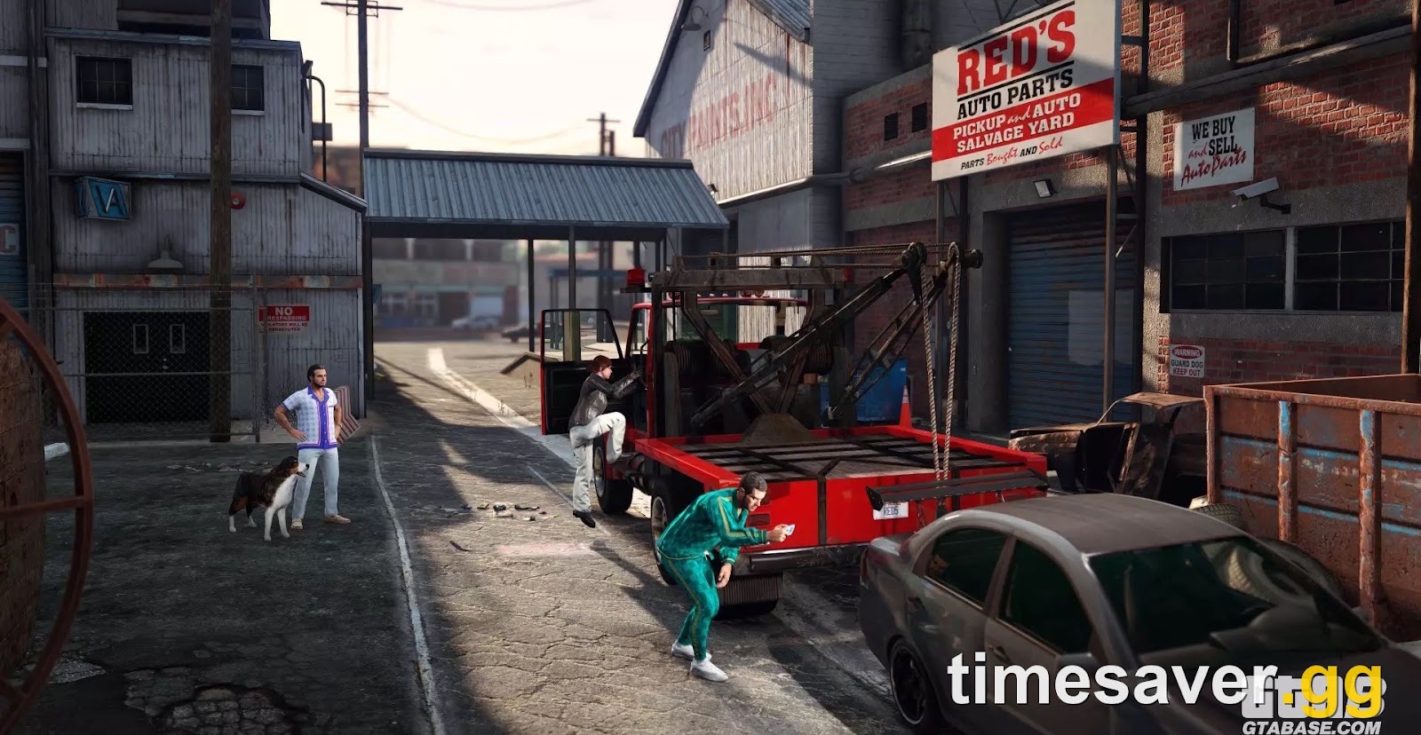 GTA Online Salvage Yard from The Chop Shop update — a red tow truck loading a stolen car outside Red's Auto Parts salvage yard, the business that pays GTA$24,000 per in-game day passively