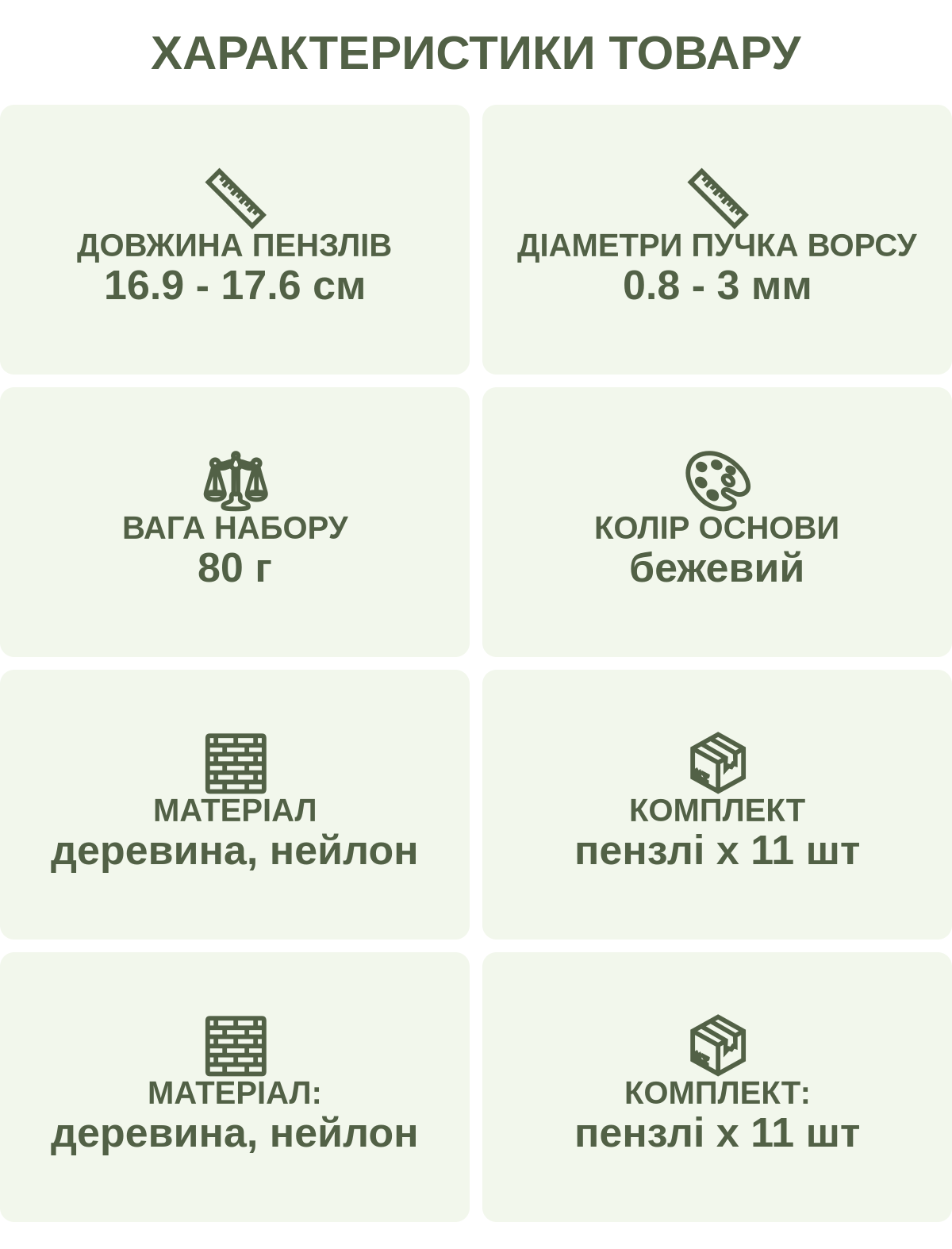 Характеристики товару: Довжина пензлів — 16.9 - 17.6 см; Діаметри пучка ворсу — 0.8 - 3 мм; Вага набору — 80 г; Колір основи — бежевий; Матеріал — деревина, нейлон; Комплект — пензлі х 11 шт; Матеріал: — деревина, нейлон; Комплект: — пензлі х 11 шт