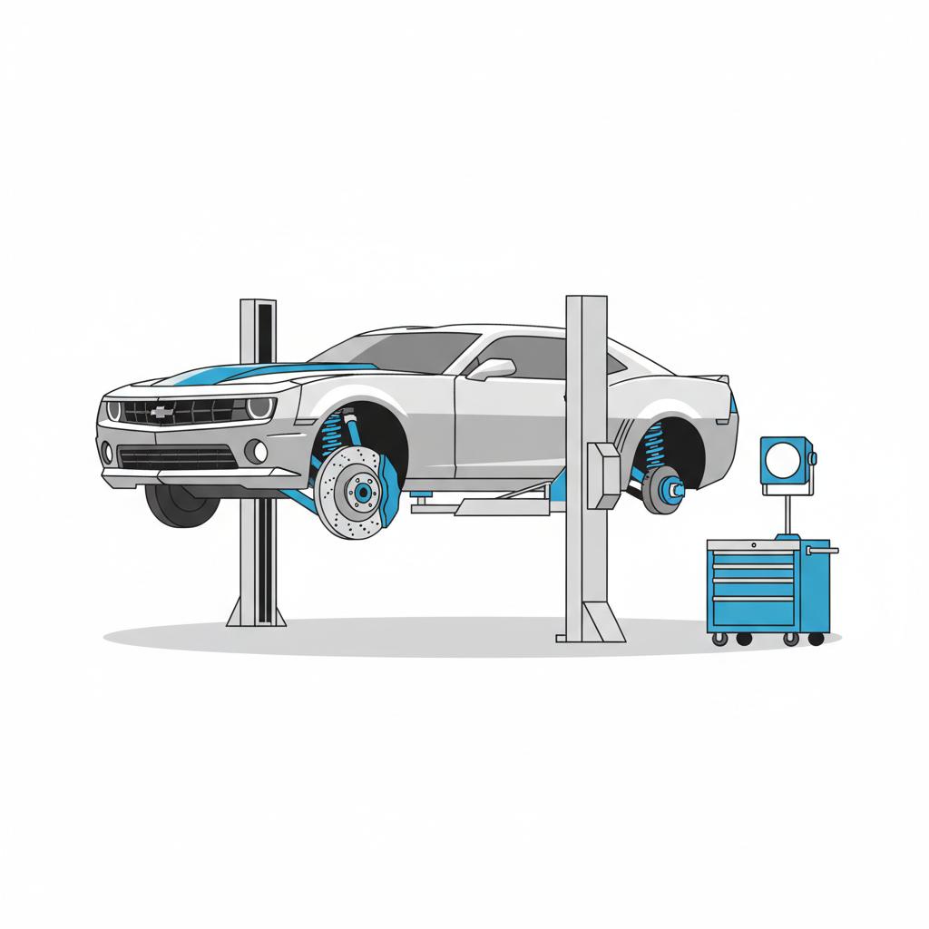 Minimalist 2D vector of a raised Camaro on a lift showing exposed brake and suspension with tools in a clean shop in CarFax Deals colors camaros for sale