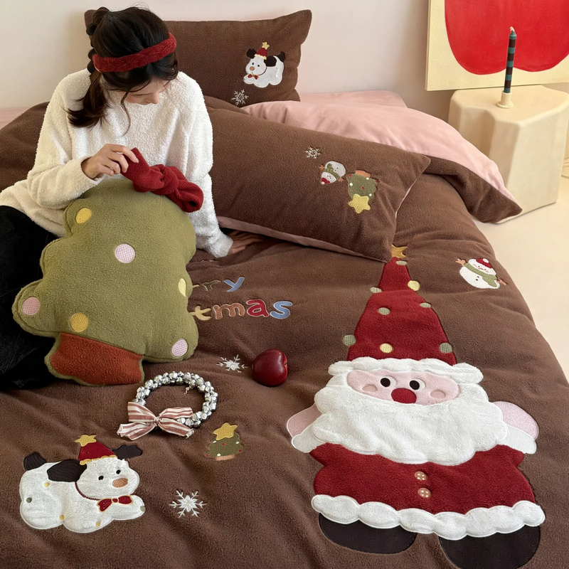 Weihnachts-Bettwäsche-Set aus Fleece, 4-teilig, gesteppt