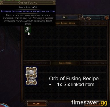 Path of Exile vendor sell window showing a six-linked item and the Orb of Fusing tooltip — the 6-link recipe returns 20 Orbs of Fusing
