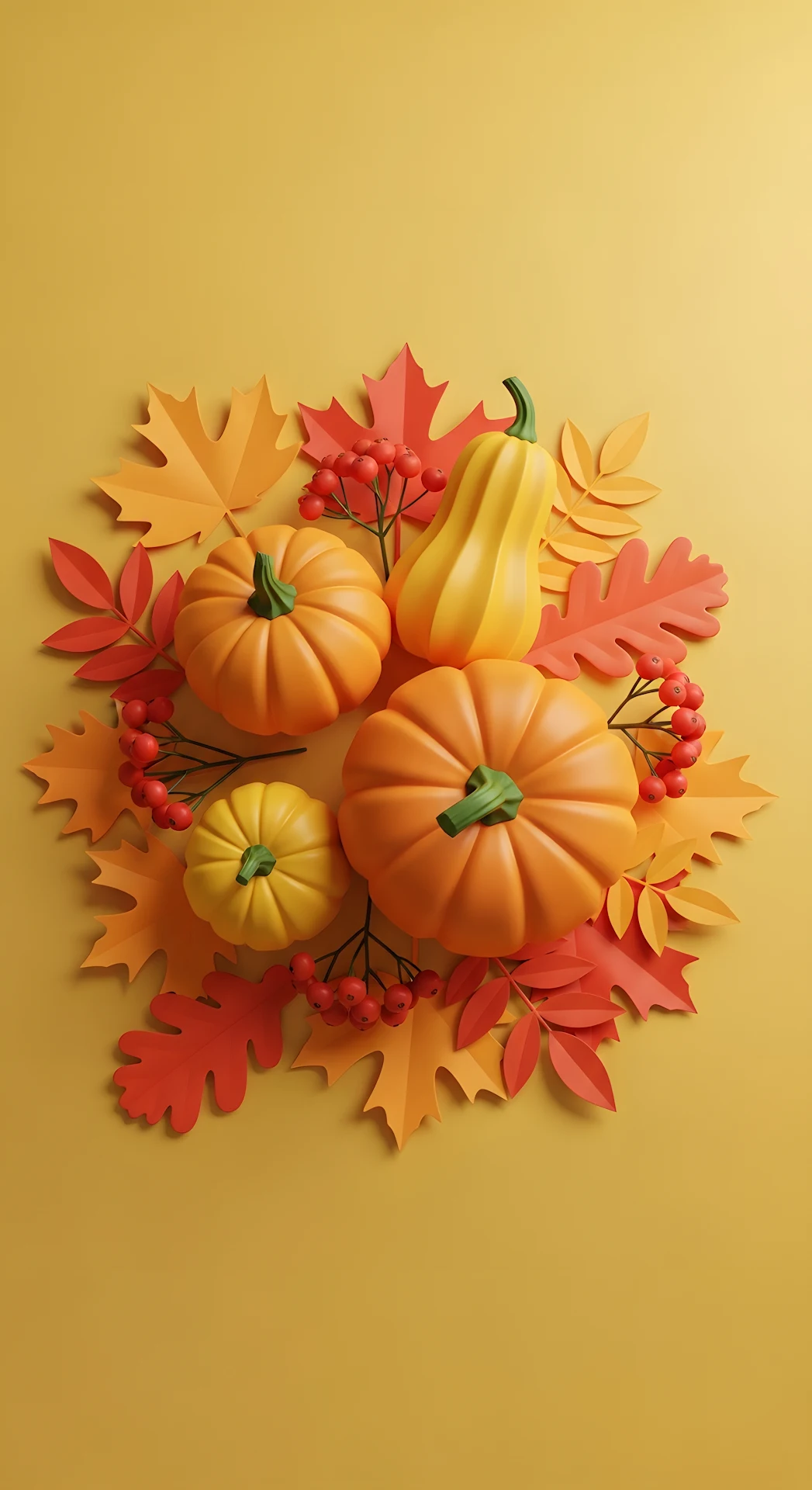 Minimalist 3D Pumpkins and Autumn Leaves Arrangement - Free 4K mobile Wallpaper