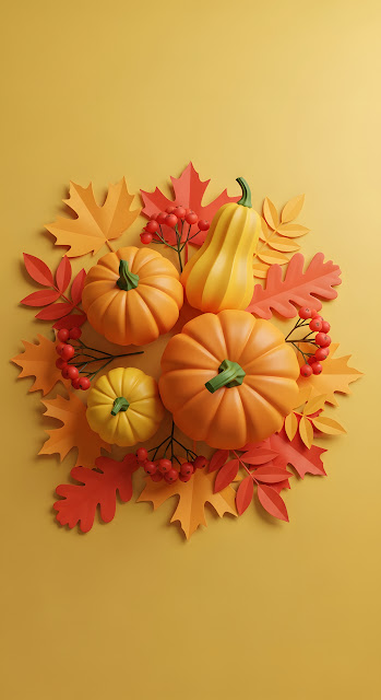 Minimalist 3D Pumpkins and Autumn Leaves Arrangement - Free mobile Wallpaper