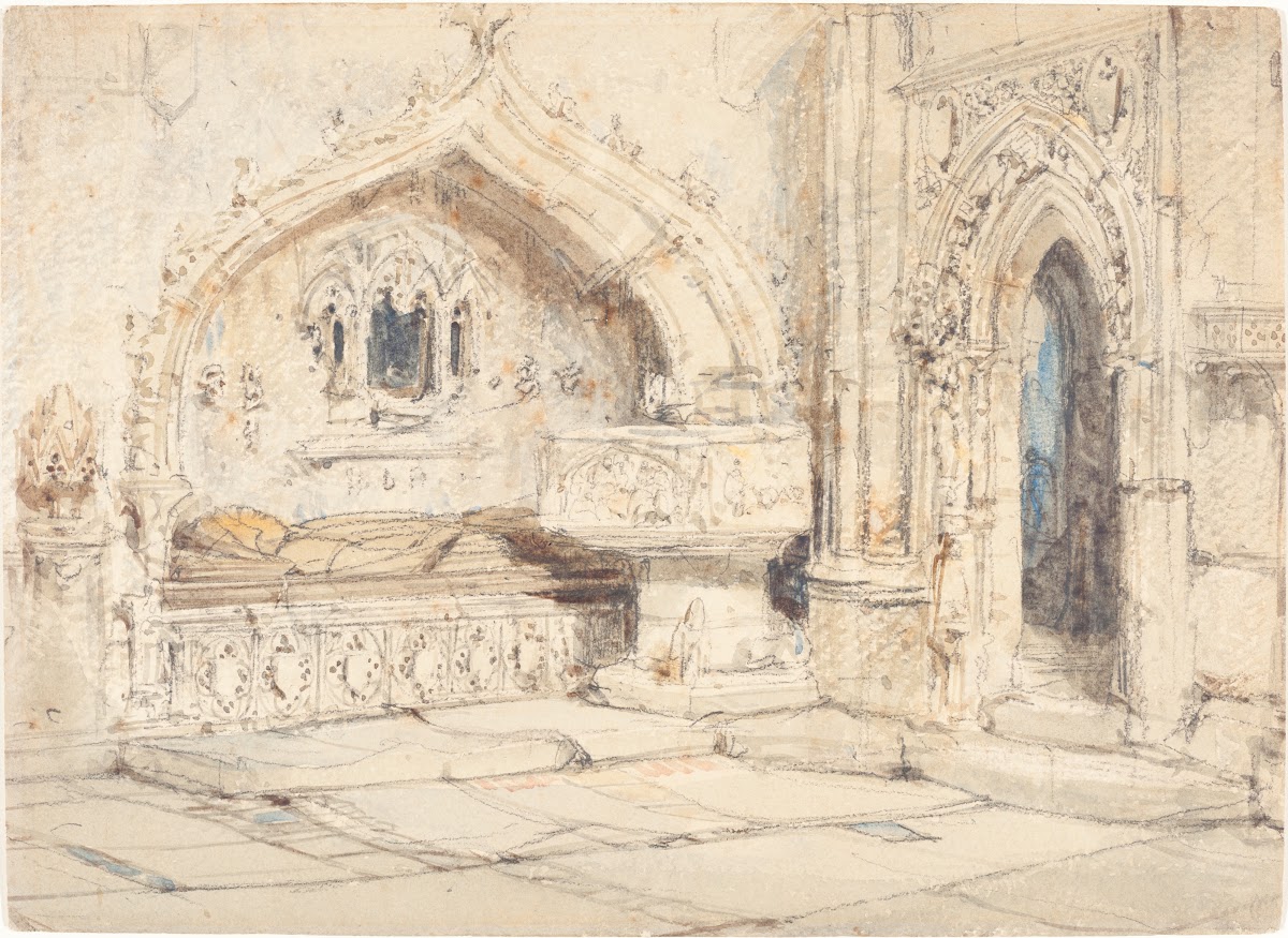 Interior of a Church with a Wall Tomb and Medieval Font