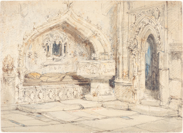Interior of a Church with a Wall Tomb and Medieval Font